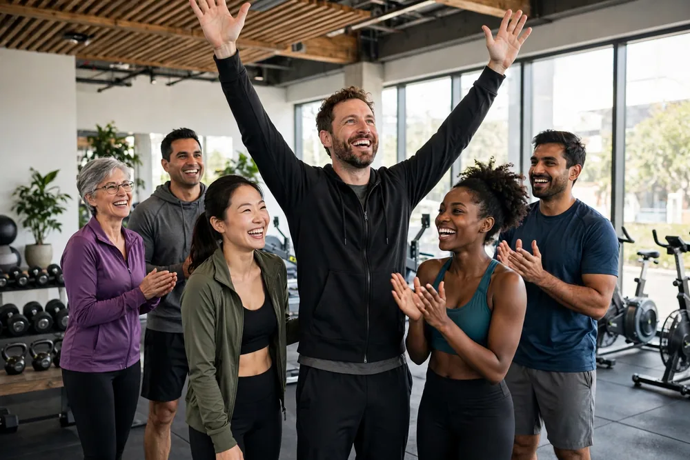 Smiling gym owner celebrating with happy members — fitness center funding from Logic Advance