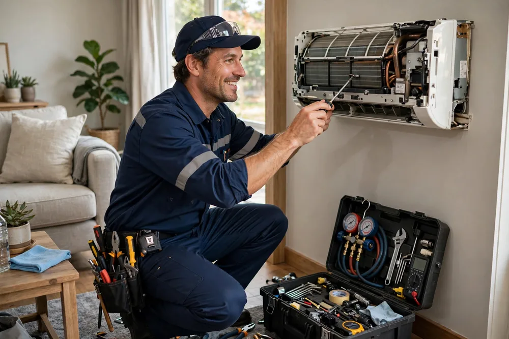 Smiling HVAC technician at work in a customer’s home — home service business funding from Logic Advance