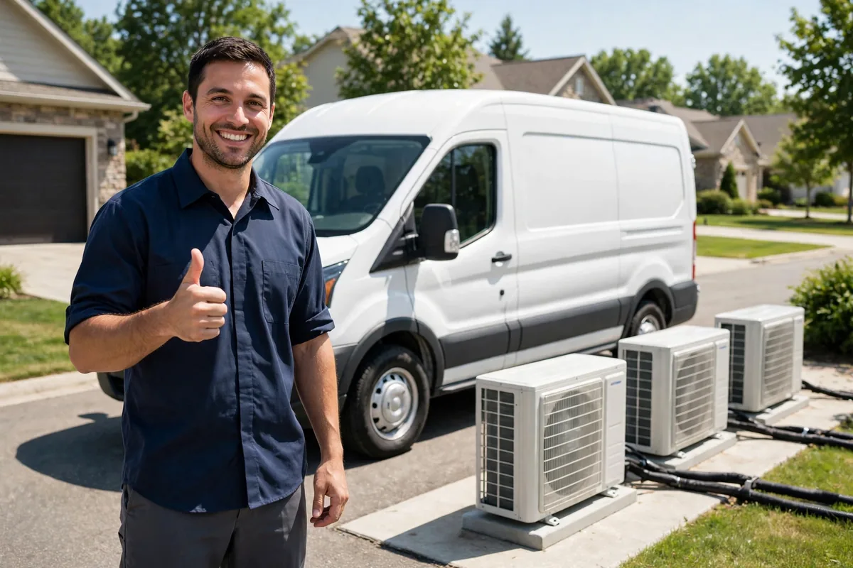 Smiling HVAC contractor giving a thumbs up beside his service van — HVAC contractor financing from Logic Advance