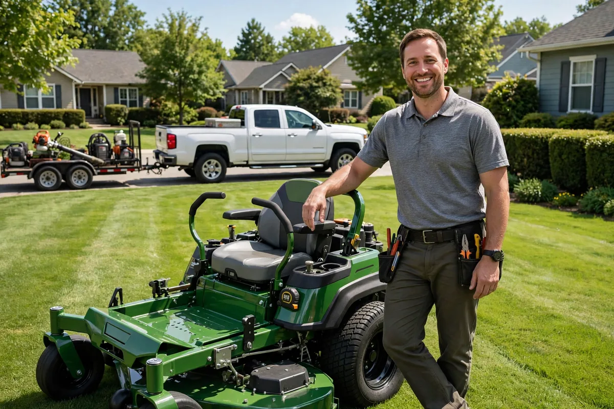 Smiling landscaping company owner with his hand on a new zero-turn mower — landscaping business funding from Logic Advance
